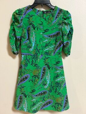 ZARA TRF Green Paisley Mini Dress Puff Sleeve Retro Print XS Boho Festival